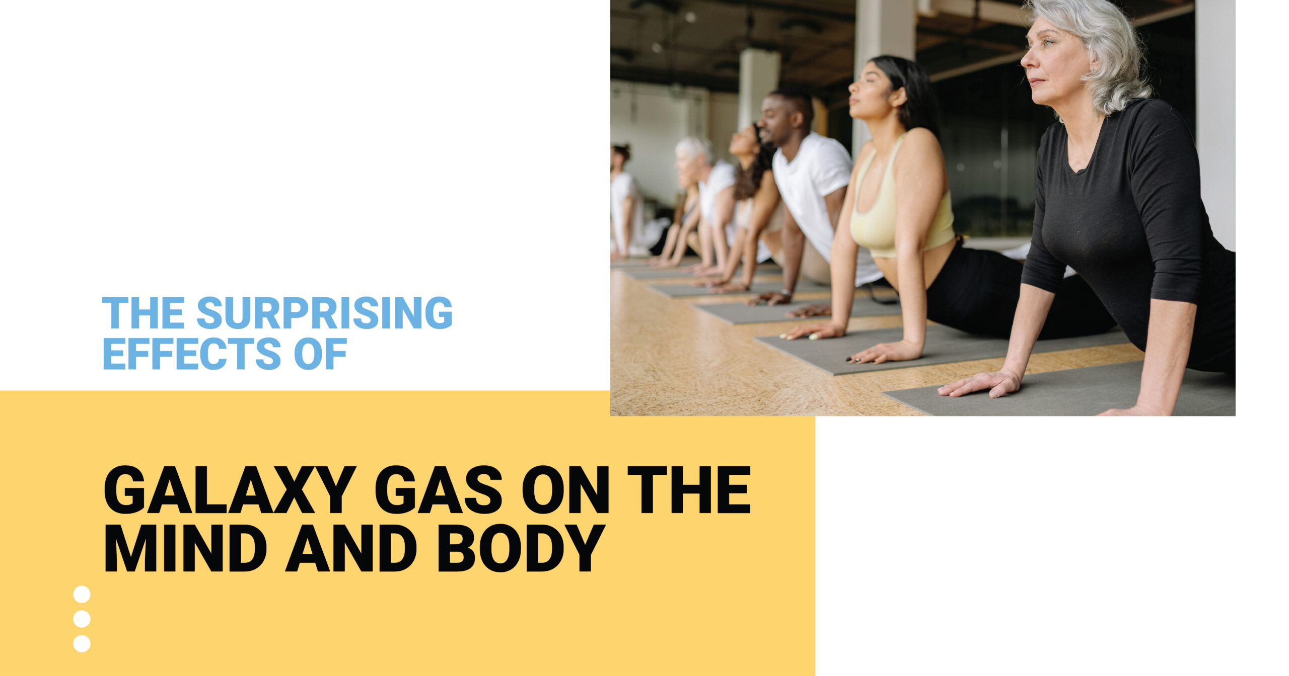 Galaxy Gas yoga class for mind and body wellness. Diverse group in cobra pose, promoting health and relaxation.