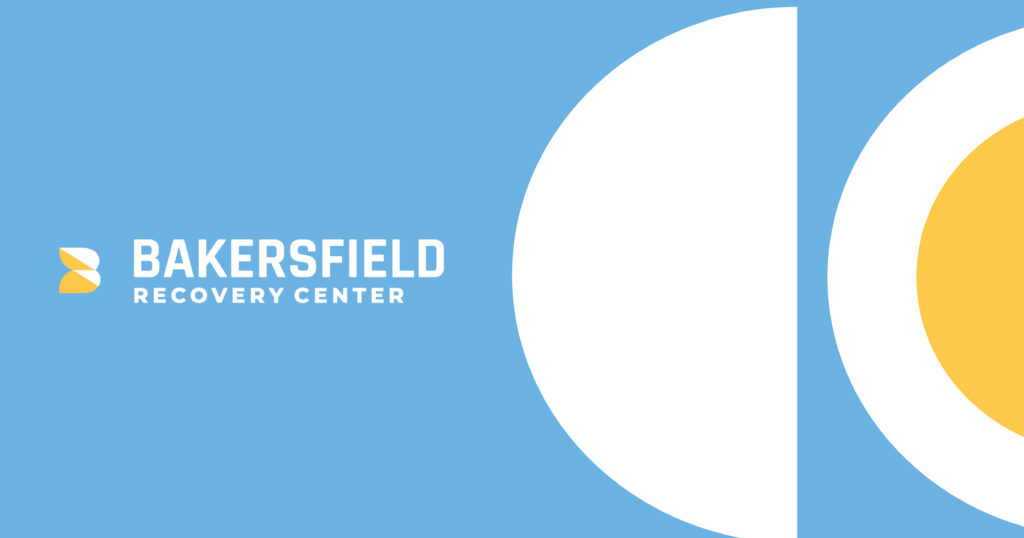 Blue banner featuring the Bakersfield Recovery Center logo, with white text on a blue background and abstract white arcs with a yellow center on the right.