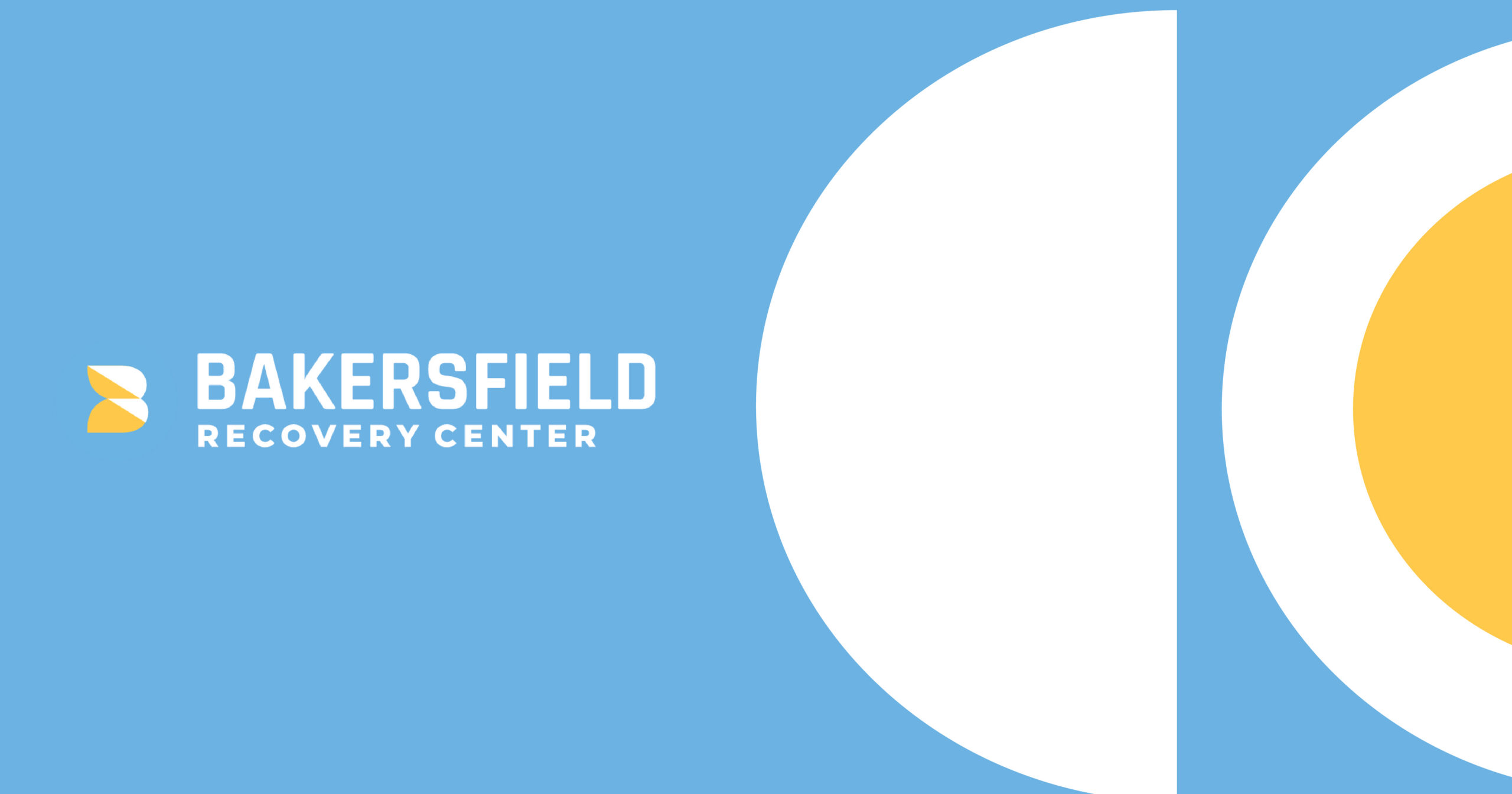 Blue banner featuring the Bakersfield Recovery Center logo, with white text on a blue background and abstract white arcs with a yellow center on the right.