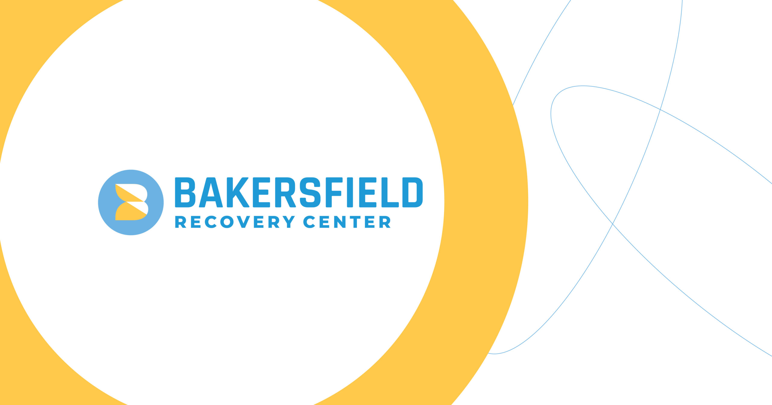Bakersfield Recovery Center logo: blue circular icon with yellow shape and bold blue text on white background with yellow arcs on edge.