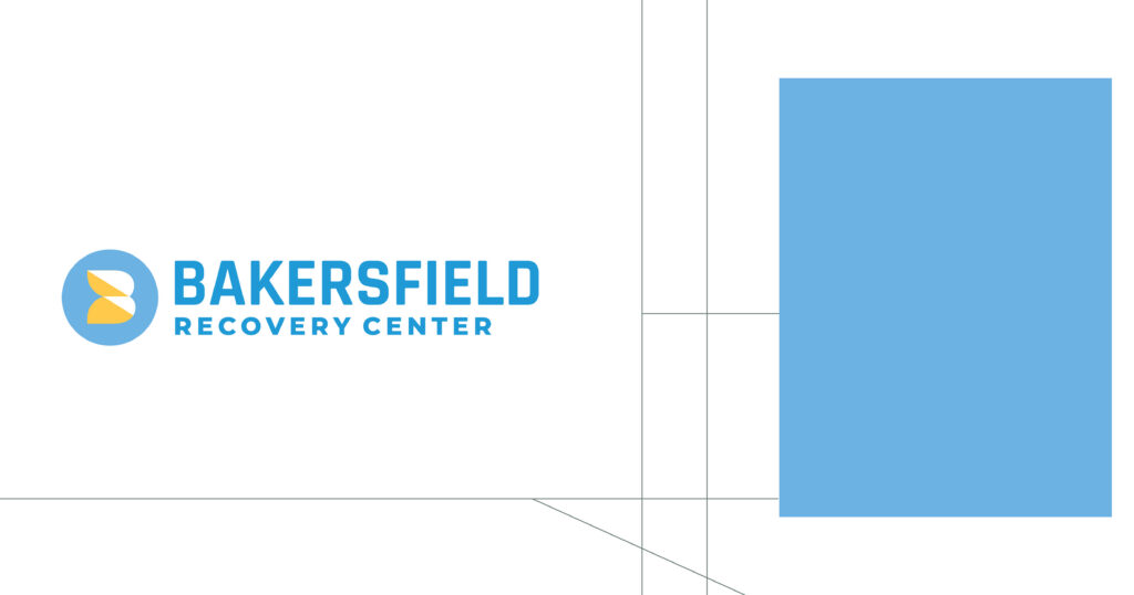 Bakersfield Recovery Center logo: blue circle emblem and bold blue wordmark on white background on the left, with a blue shape on the right.