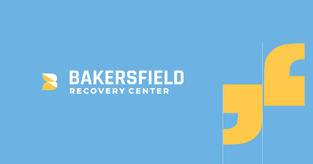 Bakersfield Recovery Center logo on a blue banner with yellow geometric shapes on the right.