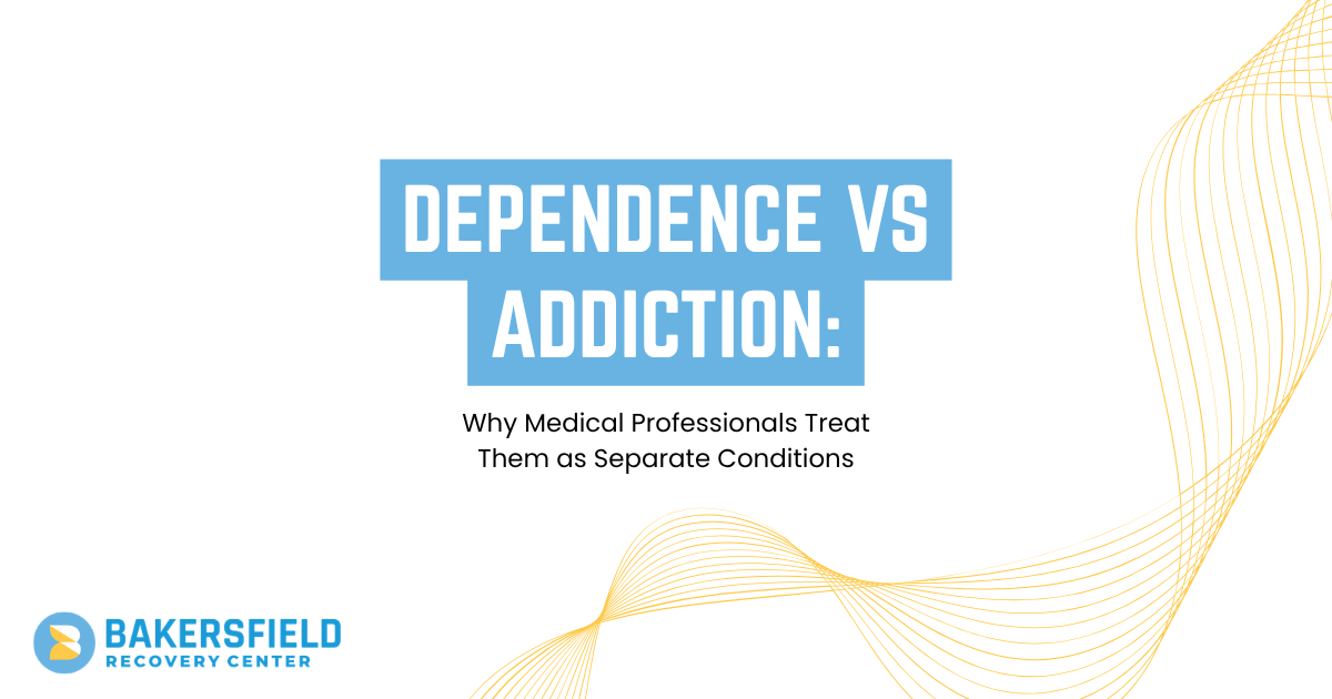 Presentation slide titled 'Dependence vs Addiction' with subtitle 'Why Medical Professionals Treat Them as Separate Conditions' and Bakersfield Recovery Center logo in the bottom-left corner with an orange wave pattern